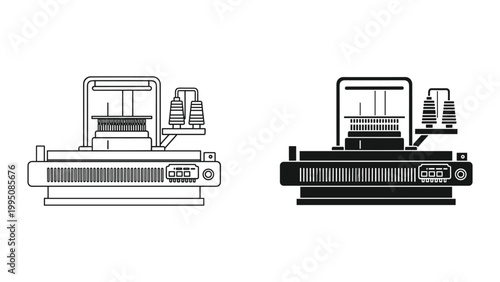 Detailed illustration of 3d printer in black and white line art on white background