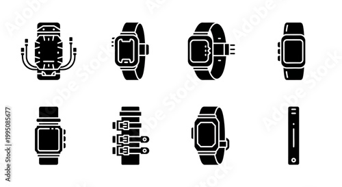 Smartwatch icons, wearable technology symbols, black vector graphics, watch face designs, digital timepiece illustrations, 8 elements