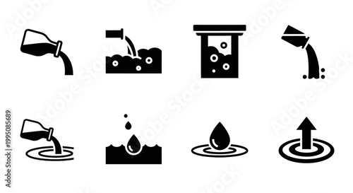 Oil, fuel, and lubricant icons, black vector set, industrial symbols, 8 glyphs
