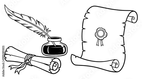 Vintage Paper Scroll with Quill Pen and Inkwell, Antique Manuscript with Wax Seal and Rolled Parchment Document, Old Letter Writing Set Illustration