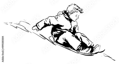 Young Boy Riding Sled Down Snowy Hill, Winter Outdoor Activity Fun, Child Sliding on Toboggan in Snow, Ink Sketch Illustration of Winter Sport