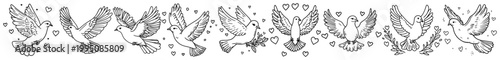 Peace Dove Seamless Border with Olive Branches and Hearts, Spiritual Bird Decoration, Christian Symbol of Hope and Love Horizontal Banner Illustration