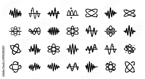 Sound wave, audio signal, atom, science icons, 25 black line art graphics, vector set