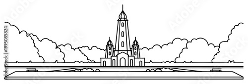 Majestic Palace Architecture Line Art, Landmark Building with Garden and Clouds, Minimalist Monument Scenery Illustration for Coloring or Design