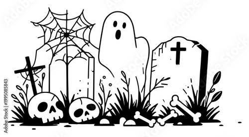 Spooky Halloween Graveyard Illustration, Ghost with Skulls and Tombstones, Cemetery Scene with Spider Web and Bones for Halloween Decor