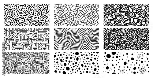 Abstract Hand Drawn Texture Patterns Set, Organic Wavy Lines and Geometric Mosaic Backgrounds, Monochrome Decorative Graphic Elements Collection