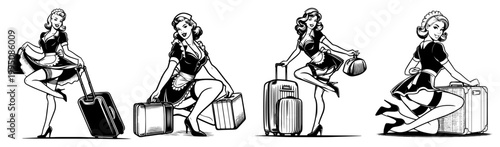 Retro Travel Pin-up Women Collection, Vintage Hotel Maid and Flight Attendant Characters with Suitcases, Glamorous 1950s Journey Illustration