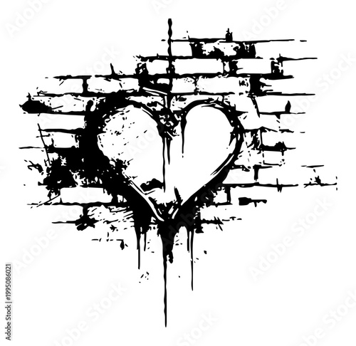 Heart Graffiti on Brick Wall Illustration, Street Art Stencil with Paint Drips and Splatters, Urban Grunge Love Symbol