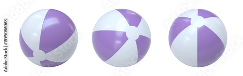 Vector set of realistic 3D rendered beach balls. Three inflatable water balls in soft pastel purple and white. Colorful striped beach balls shown from different angles, isolated.