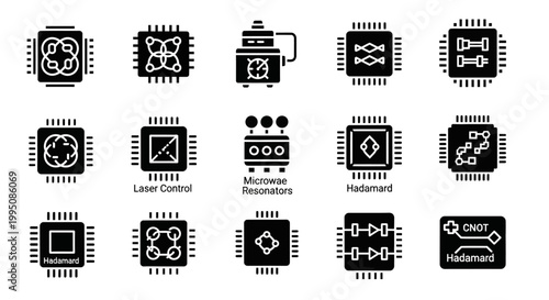 Electronic circuit board icons, microchip symbols, 16 black and white vector graphics, technology and engineering illustrations, circuit elements, digital components