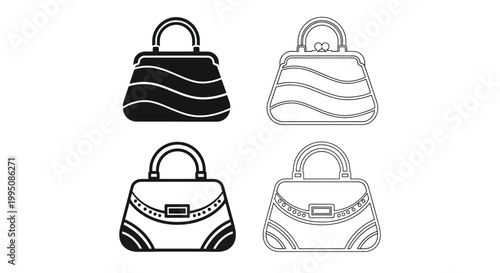 Handbags featuring elegant clasp closures are displayed in a set of four distinct vector illustrations that provide essential design elements for various fashion industries.