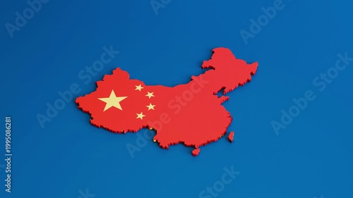 China 3D Flag Map Zoom Out Camera Animation on Blue Background — 4K 3D Video Animation of Chinese National Flag Texture on Geographic Map