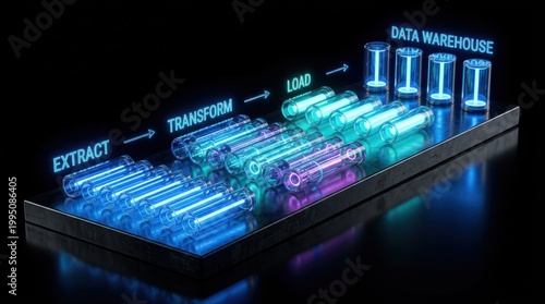 Data pipeline stages Extract, Transform, Load (ETL) process visualized with glowing tubes representing data flow and storage, leading to a data warehouse