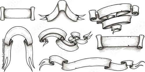 Vintage Ribbon and Scroll Collection Featuring Detailed Hand Drawn Parchment Banners and Decorative Paper Elements In Classic Engraving Style