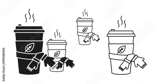 Coffee cups are wrapped in warm knitted scarves to represent a cozy winter theme while providing ample room for branding or text on these stylish seasonal beverage mugs.