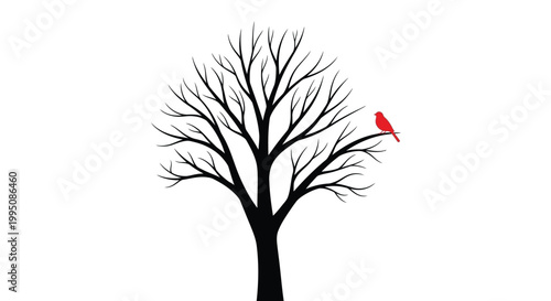 The tree stands bare against a stark white sky with a single small red bird perched on its branch to illustrate the contrast between simplicity and natural life in winter.
