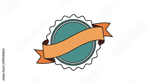 A teal circular badge with a wavy edge, adorned with an orange banner