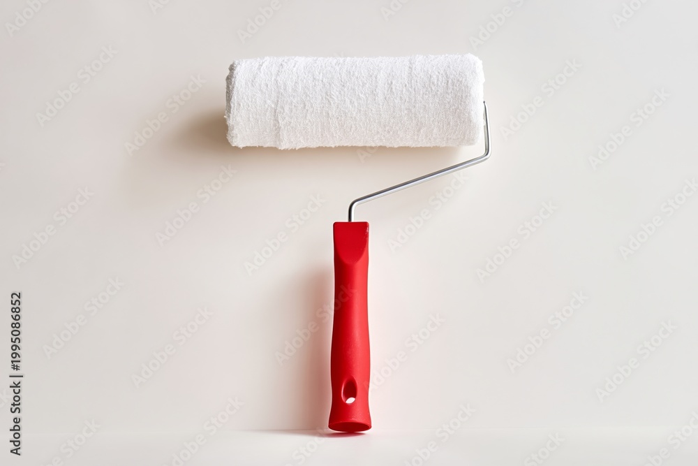 Obraz premium Roller Brush With White Cover Rests on Plain Wall With No Other Items Around in Interior Space