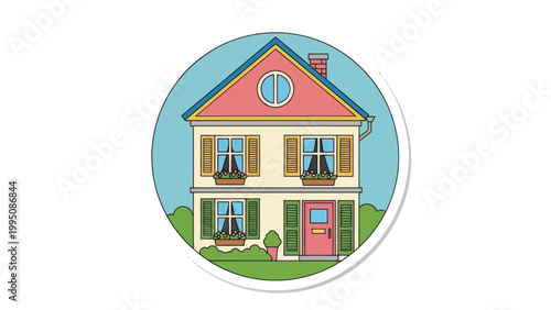 Tableau sur toile Simple, colorful cartoon house with two stories, shutters, and a circular frame
