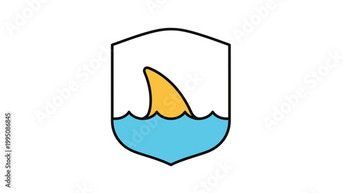 Stylized yellow shark fin above blue waves within a black shield outline