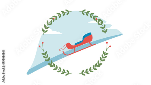 Red sleigh glides down a blue hill framed by laurel branches with red berries