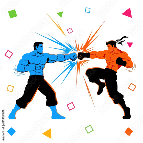 Two muscular men in a fierce boxing match, fists colliding with vibrant energy bursts.