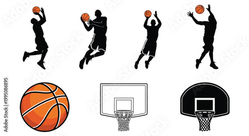 Basketball players in dynamic action poses are showcased alongside the standard hoop equipment and a classic textured ball in this collection of clean vector illustrations.