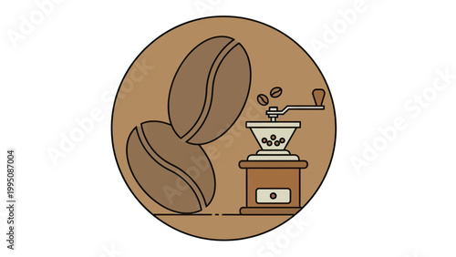 Classic coffee grinder next to two large beans, all within a circular frame