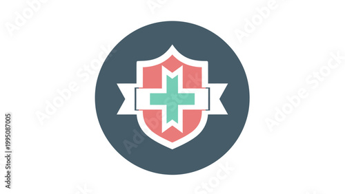 A stylized shield with a cross symbol, set within a circle