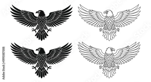 The eagle illustration depicts a majestic bird of prey with wings spread wide in two different graphic styles suitable for professional corporate logos or military insignia.
