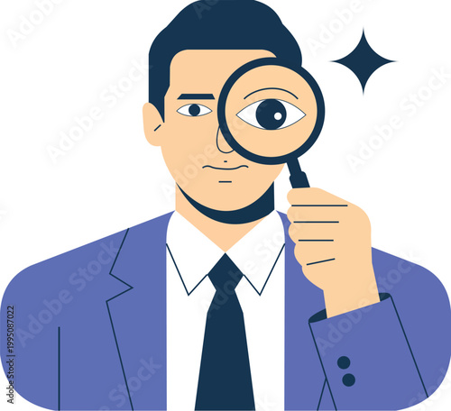 Businessman looking through a magnifying glass, professional investigation and analysis flat illustration vector