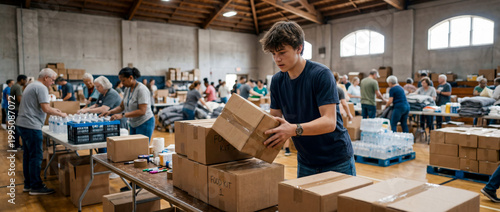 Authentic candid view of a young male volunteer lifting cardboard boxes of supplies in a busy community disaster relief center.