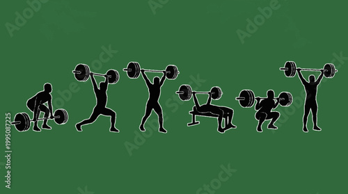 Silhouettes of athletes performing various weightlifting exercises, including deadlifts, overhead presses, and squats.