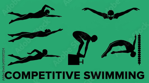 Silhouettes of swimmers performing various competitive swimming strokes and a diver preparing to jump against a green background.