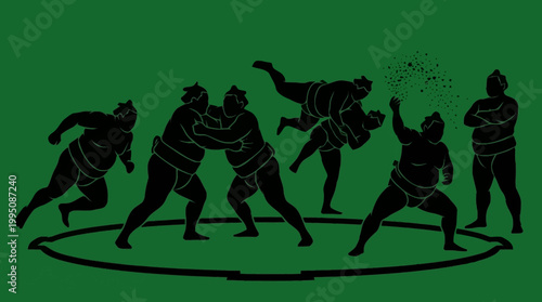 Silhouettes of sumo wrestlers engaged in a match within a dohyo, showcasing various grappling techniques and throws.