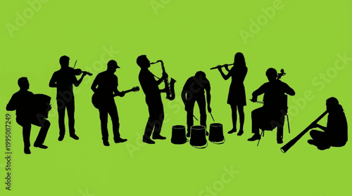 Silhouette of a diverse musical ensemble performing on a vibrant green background.