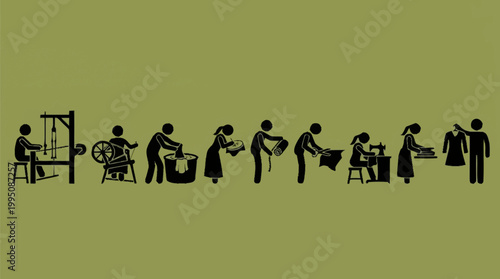 Illustration depicting the historical process of clothing manufacturing, from raw materials to finished garments.