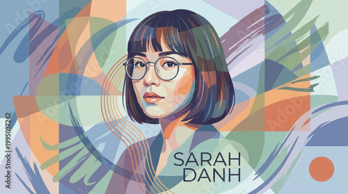Portrait of Sarah Danh with abstract colorful background.