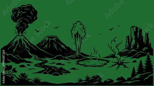 A dramatic landscape illustration depicting various geological phenomena including erupting volcanoes, geysers, and hot springs.