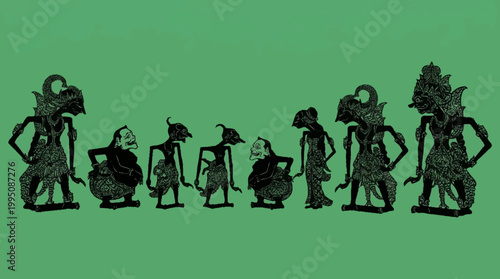 A collection of traditional Indonesian Wayang Kulit shadow puppets displayed against a solid green background.