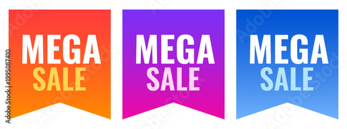Vibrant mega sale banner set with orange, purple, and blue gradient promotion designs