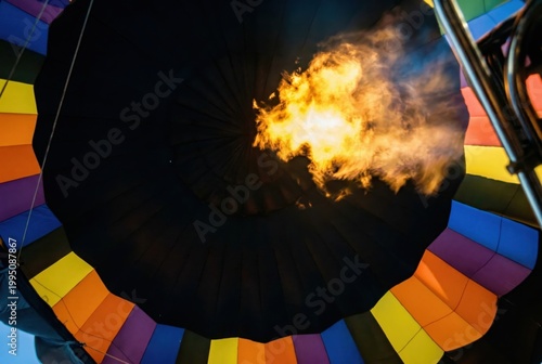 Bright colors reflect from the hot air balloon as flames burst from the burner below. The scene shows the moment just before the balloon lifts off the ground into the sky.