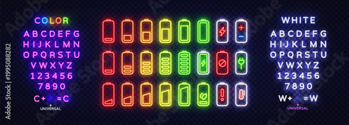 Large neon battery icon set with colorful alphabet and numbers. Bright glowing energy indicators and electric symbols on transparent background