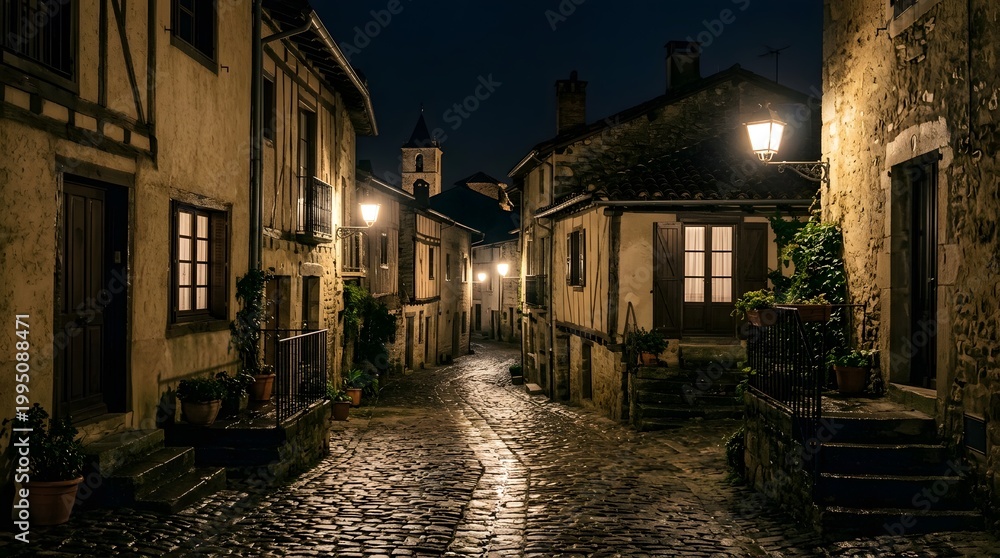 Fototapeta premium Charming cobblestone alleyway in a historic European village illuminated by antique street lamps at night