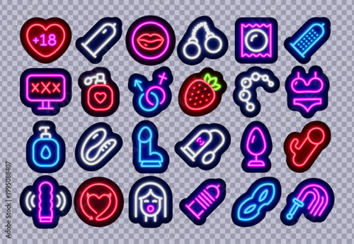 Neon sticker collection with bright erotic shop icons including toys, protection, and playful adult symbols. Vibrant glowing shapes create bold nightlife vibe.