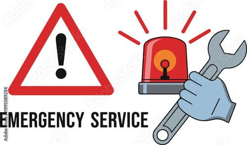 Emergency service warning sign with siren wrench and repair assistance vector illustration