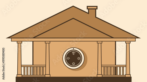 Stylized house with a central circular control panel showing temperature and sun symbols