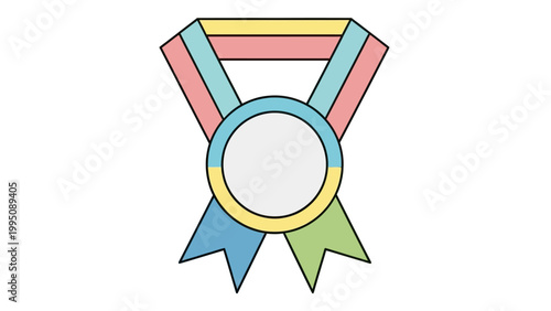 A colorful rosette medal with ribbon streamers hangs against a white background