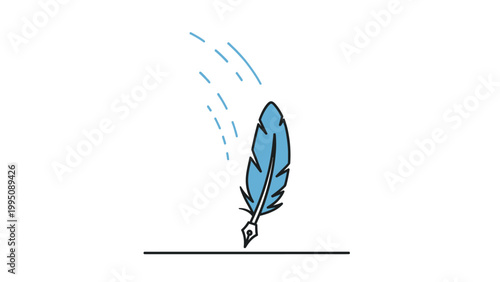 A blue quill pen poised to write, with faint strokes emanating upwards