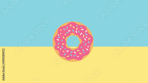 A stylized donut with pink frosting and colorful sprinkles sits against a pastel blue and yellow background